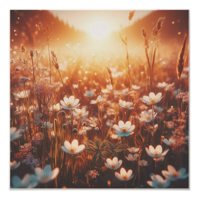 Poster Beautiful Sunrise Spring Meadow White Wildflowers  (Devant)