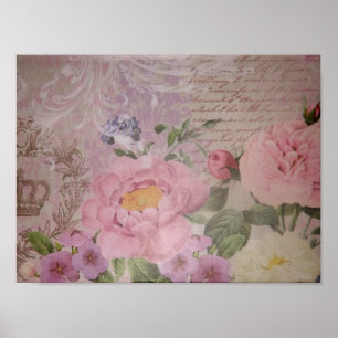 Poster Beaux roses et fleurs vintages roses et bleus