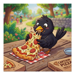 Poster Bébé Corbeau Cartoon Mangeant une Pizza