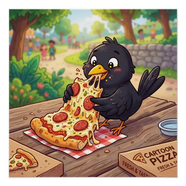 Poster Bébé Corbeau Cartoon Mangeant une Pizza (Devant)