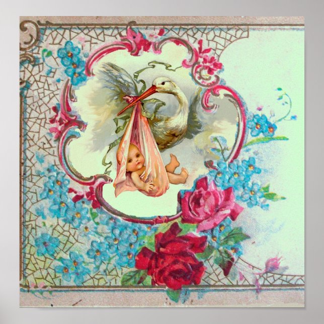 Poster BÉBÉ DE STORK DOUCHE DE FILLE Vert (Devant)