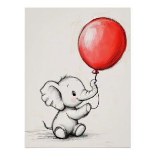 Poster Bébé éléphant amical avec ballon rouge