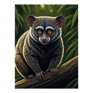 Poster Bébé Galago Perché sur une Branche de Jungle
