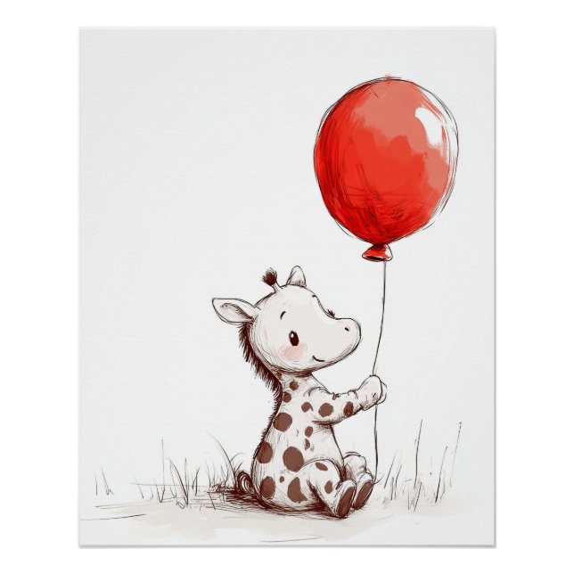 Poster Bébé girafe adorable avec ballon rouge (Devant)