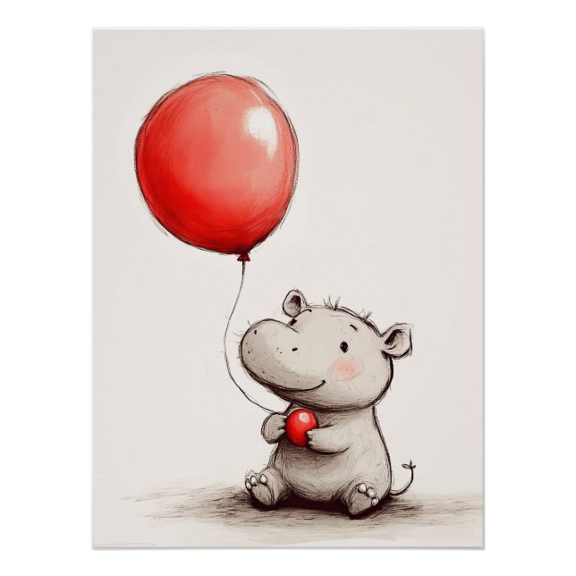 Poster Bébé Hippopotame Doux avec Ballon Rouge (Devant)