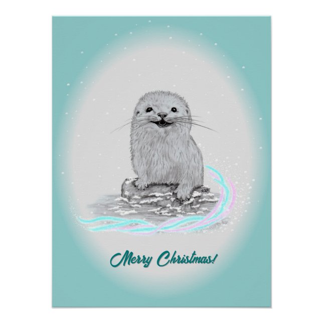 Poster Bébé loutre de mer blanche mignonne, Joyeux Noël (Devant)