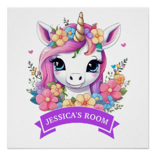 Poster Bébé magique licorne avec fleurs
