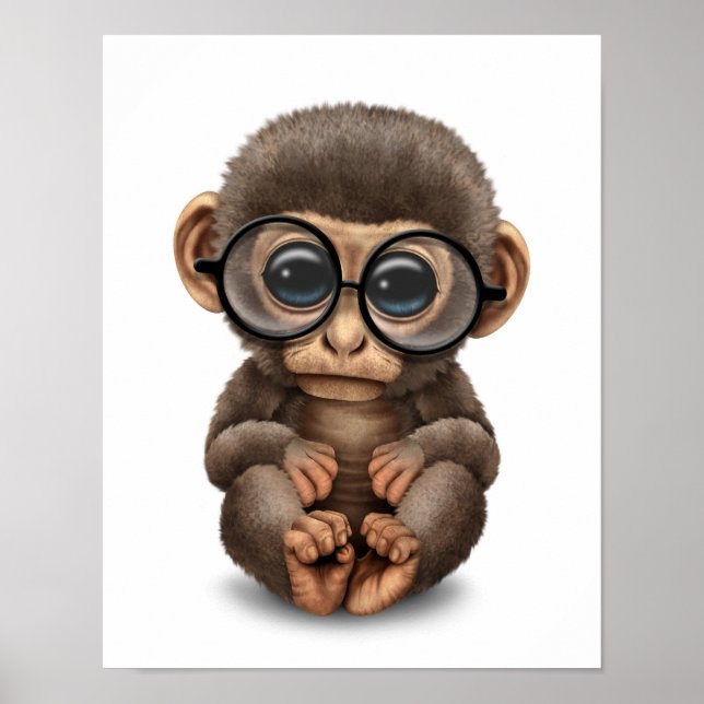 Poster Bébé mignon singe portant des lunettes d'oeil blan (Devant)