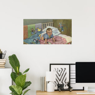 Poster Bébé mignon vintage jouant dans un berceau, heure 