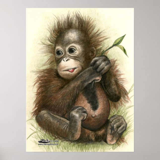 Poster Bébé orang-outan avec des feuilles (Devant)