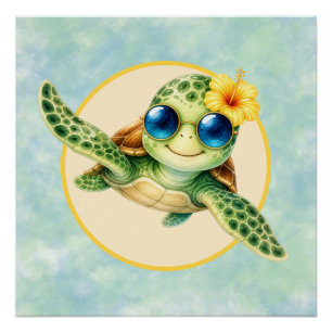 Poster Bébés tortues de mer mignonnes avec des fleurs tro