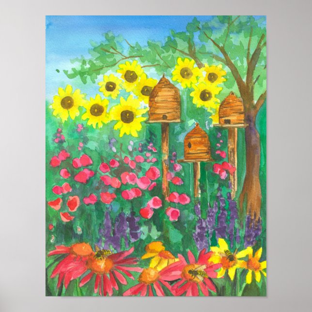 Poster Bee Skep Coneflower Jardin Aquarelle Sunflower (Devant)