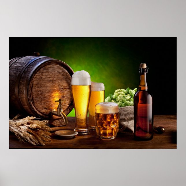 Poster Beer barrel with beer glasses on a wooden table (Devant)