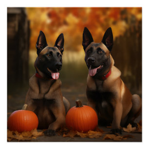 Poster Belge Malinoi Puppy Automne Citrouille de plaisir