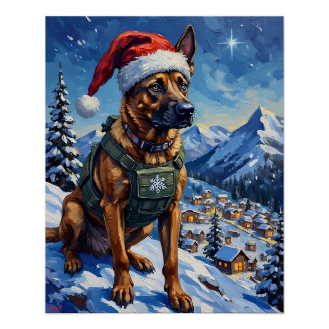 Poster Belgian Malinois Mountain Patrol Christmas (Devant)
