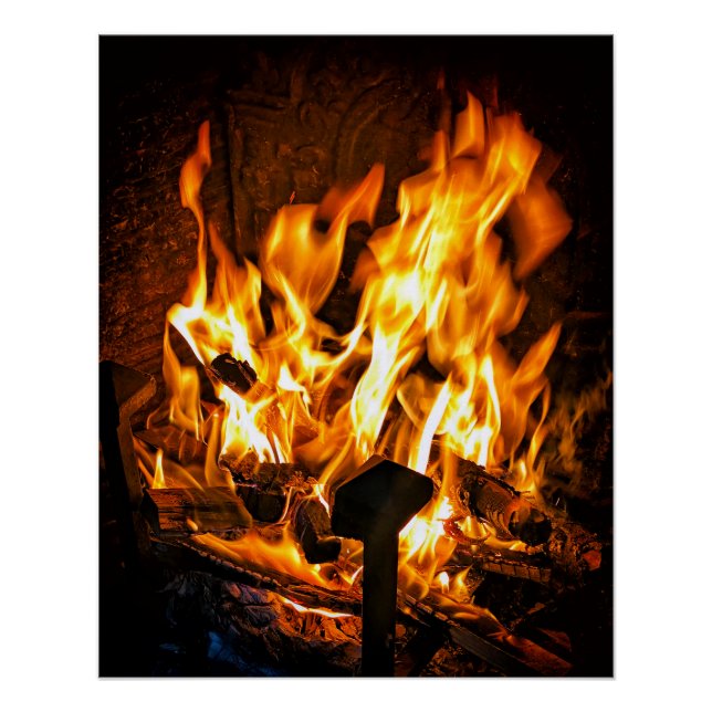 Poster Belle flamme dans une cheminée ancienne (Devant)