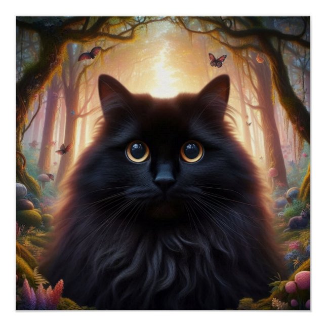 Poster Belle Fluffy Chat Noir avec yeux or (Devant)