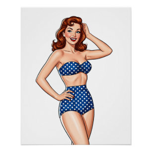 Poster Belle Pin-up rousse femme en maillot de bain bleu