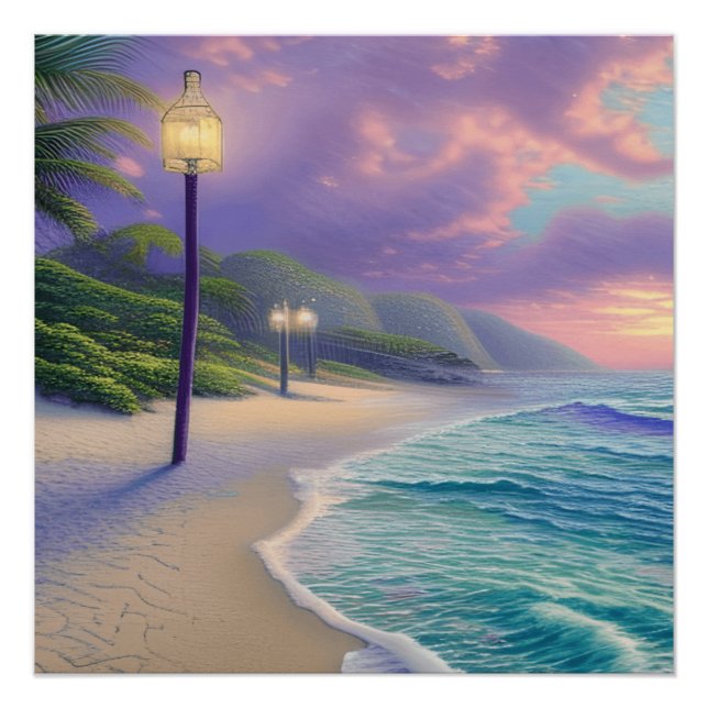 Poster Belle Plage Océan Vagues Nuages de nuit (Devant)
