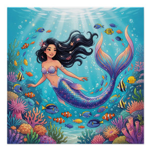 Poster Belle sirène de dessin animé sous la mer 