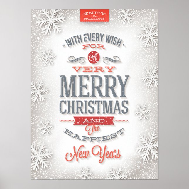 Poster Belle typographie rouge et blanche Snowflakes (Devant)