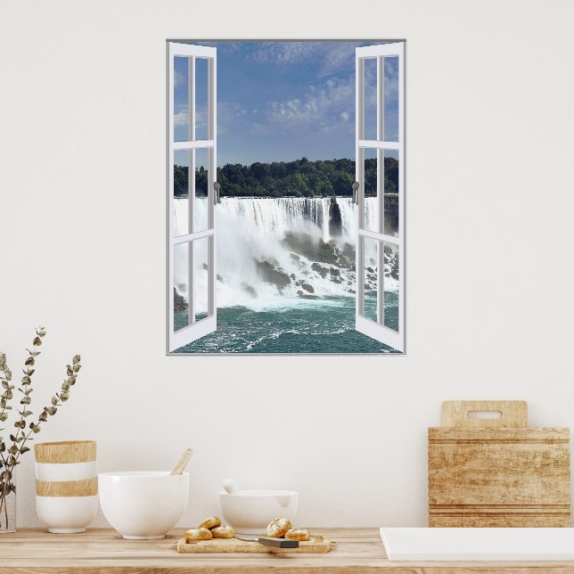 Poster Belle vue de cascade, fausse fenêtre (Cuisine)