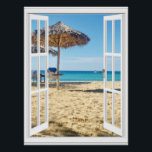 Poster Belle Vue Sur La Plage De Sable Et La Fenêtre Sur<br><div class="desc">Belle vue sur la plage tropicale côtière avec la mer turquoise et le ciel bleu. Image de la vue sur la plage de l'océan par la fenêtre sur affiche brillante.</div>