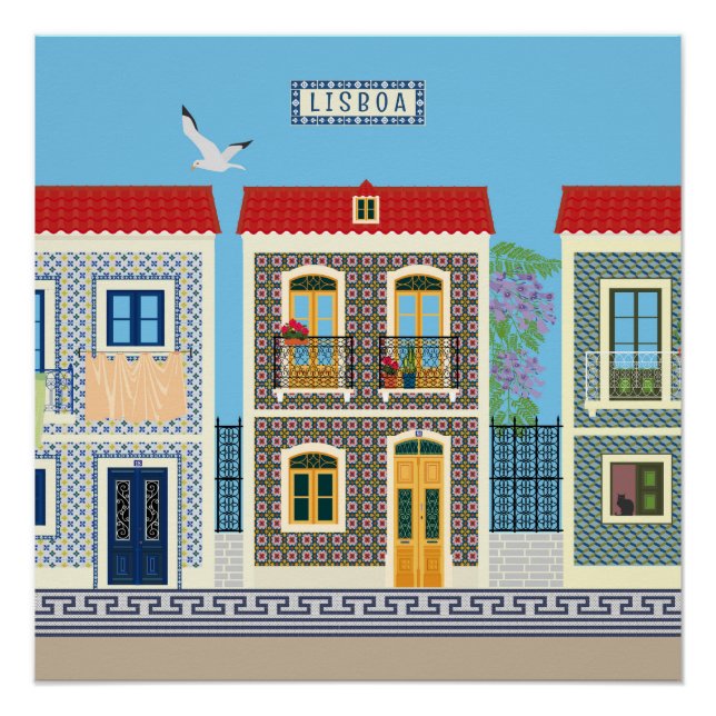 Poster Belles maisons portugaises avec tuiles ou azulejos (Devant)