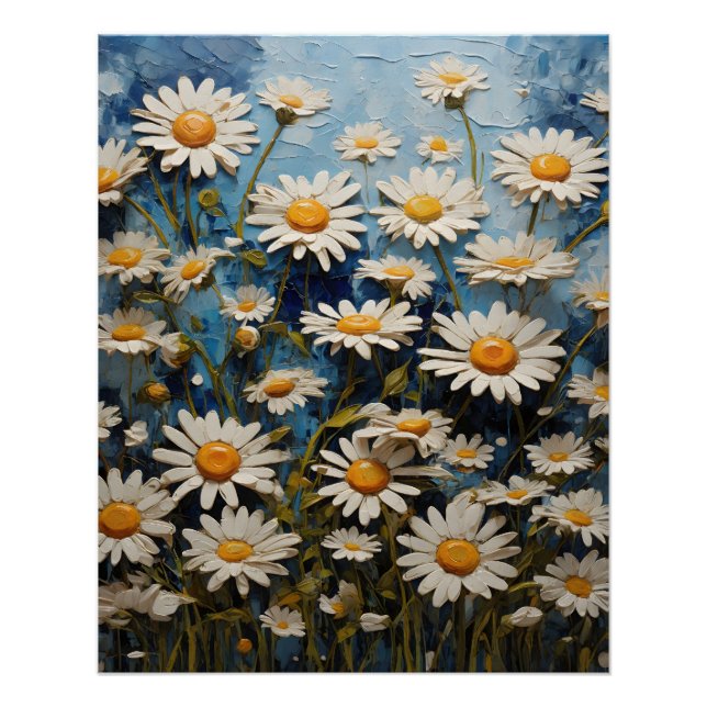 Poster Belles marguerites sur arrière - plan bleu (Devant)