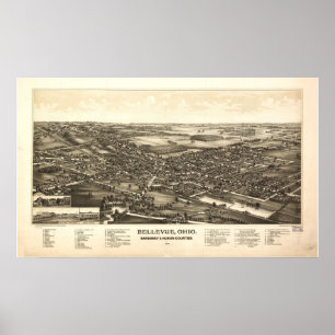 Poster Bellevue Ohio 1888 Antique Carte Panoramique