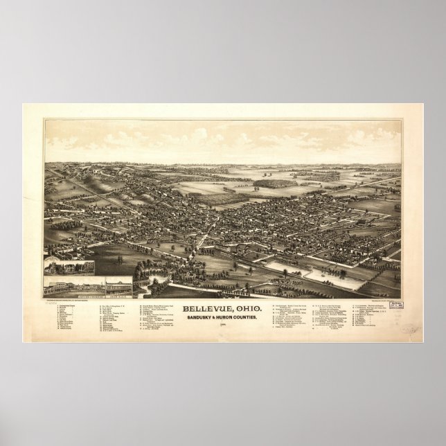 Poster Bellevue Ohio 1888 Antique Carte Panoramique (Devant)
