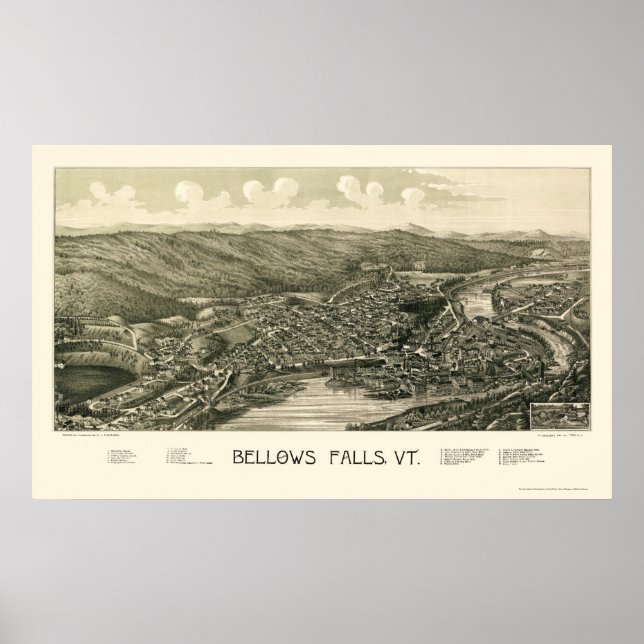 Poster Bellows Falls, VT Panoramic Map - 1880 (Devant)