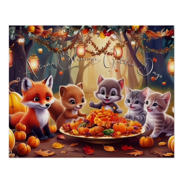 Poster Bénédictions d'Automne Feuilles Dorées Citrouilles (Devant)