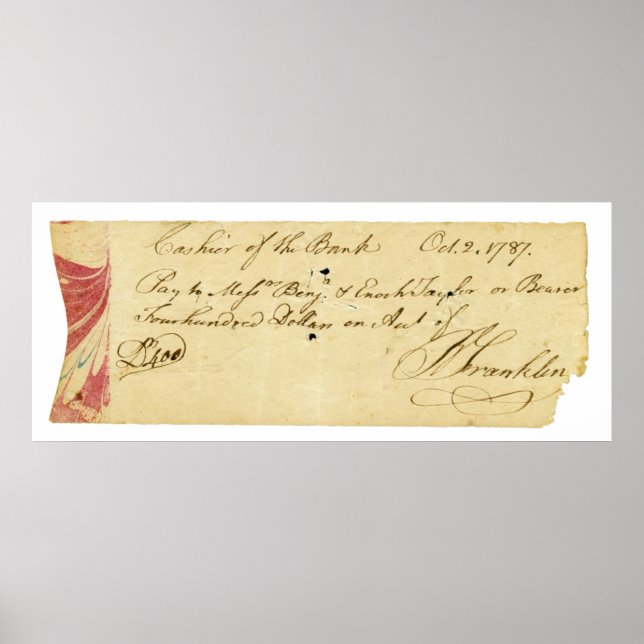 Poster Benjamin Franklin Signed Check October 2, 1787 (Devant)