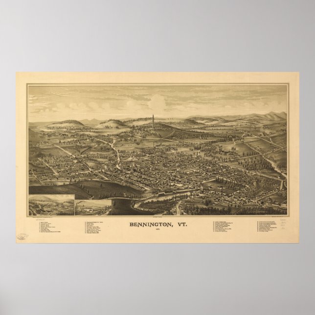Poster Bennington Vermont 1887 Carte panoramique antique (Devant)