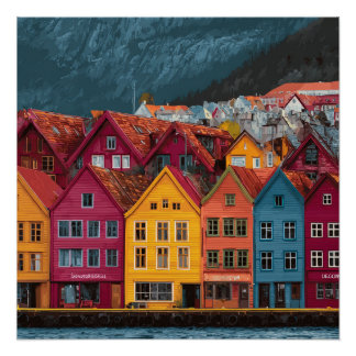 Poster Bergen Norvège petite colonie côtière vintage