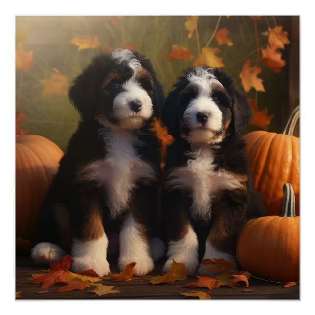 Poster Bernedoodle Chiot Automne Citrouille de plaisir (Devant)