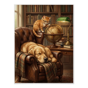 Poster Bibliothèque Vintage Cosy Chien et Chat Étude Flee