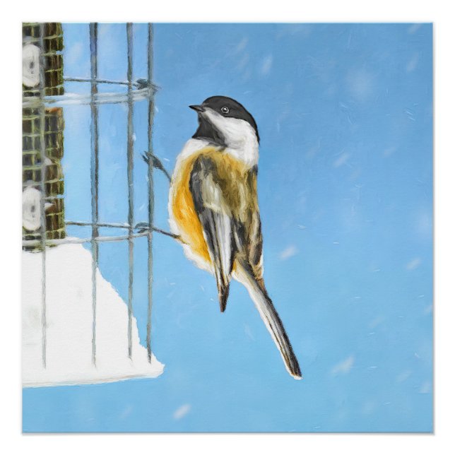 Poster Bickadee sur la peinture d'alimentation - Oiseaux  (Devant)