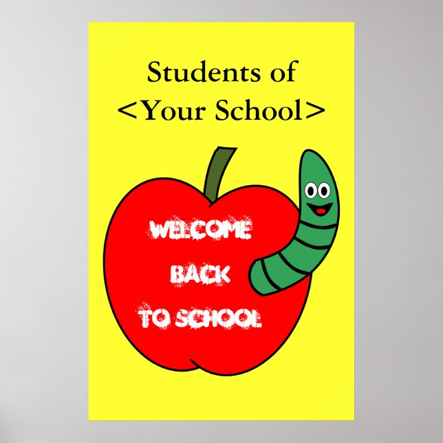 Poster Bienvenue à l'école Pomme rouge et ver vert (Devant)
