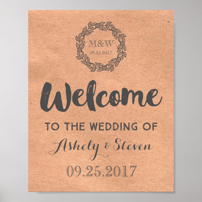 Poster Bienvenue à notre Mariage Sign Kraft papier Wreath (Devant)