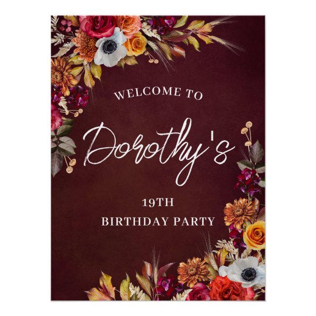 Poster Bienvenue à une fête d'anniversaire Burgundy Fall  (Devant)