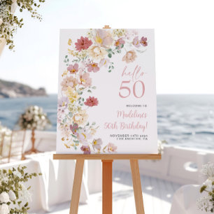 Poster Bienvenue pour les 50 ans Fleurs Rose Pâle