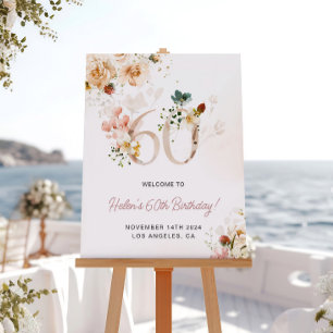 Poster Bienvenue pour les 60 ans Fleurs Rose et Or