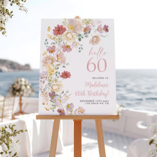 Poster Bienvenue pour les 60 ans Fleurs Rose Tendres