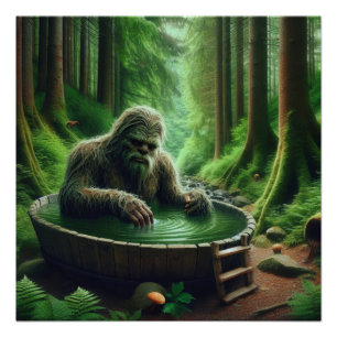 Poster Bigfoot Sasquatch prendre un bain dans les bois
