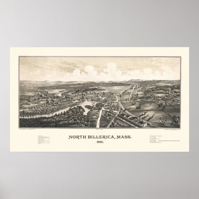 Poster Billerica Nord, MA Carte panoramique - 1887 (Devant)