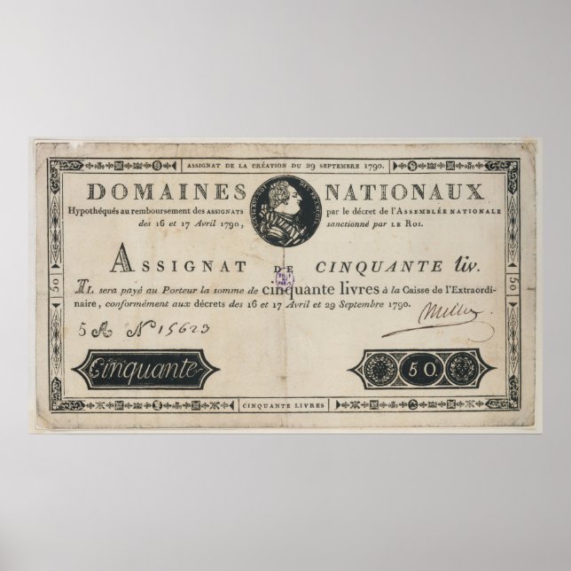 Poster billet de banque de 50 livres, 29 octobre 1790 (Devant)