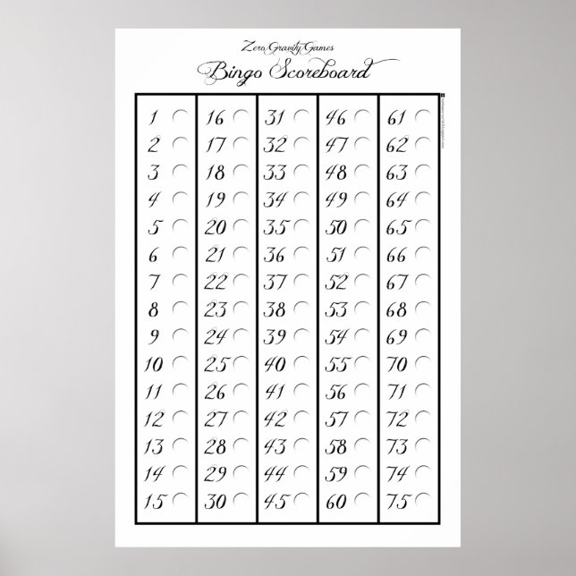 Poster Bingo Scoreboard 75 - Jeux de gravité zéro (3 pouc (Devant)