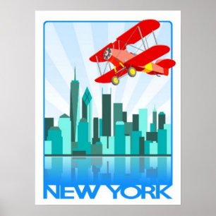 Poster Biplan rouge au-dessus de rétro conception de New